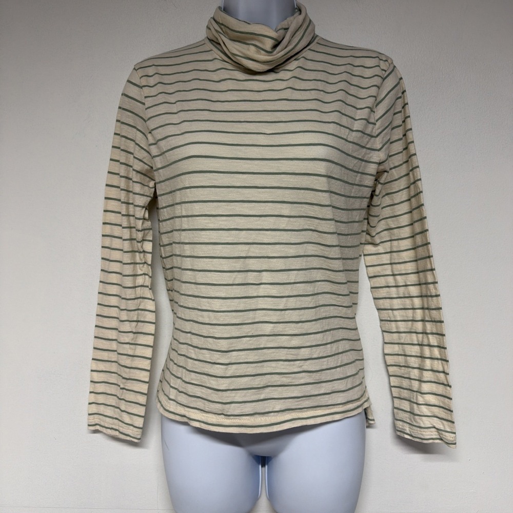 Madewell Turtleneck Top Womens M Beige Green Striped Long Sleeve Cotton Knit